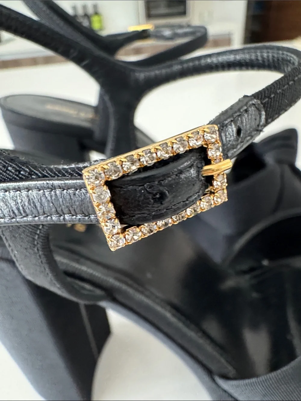 Saint Laurent Black Knotted Platform Heels with Gold Buckles